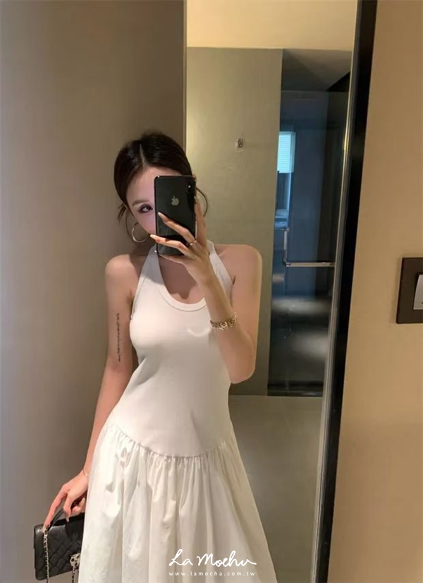 襯衫布拼棉挖肩洋裝